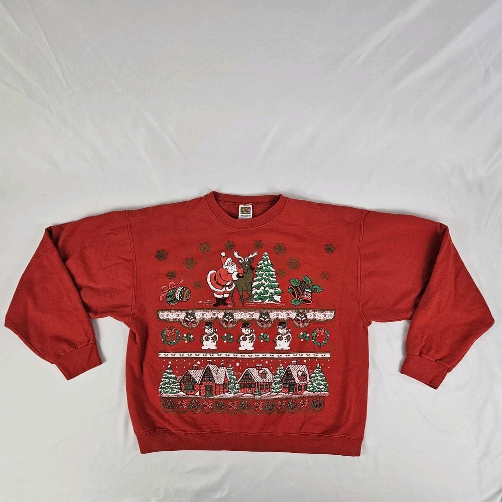 Vintage 90's Ugly Christmas Sweatshirt Sweater Size XL Red Snowman Santa